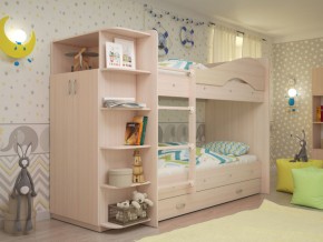 Кровать 2-х ярусная Мая с ящиками и шкафом на латофлексах млечный дуб в Пыть-Яхе - pyt-yah.magazinmebel.ru | фото - изображение 1