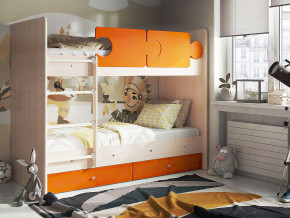 Кровать двухъярусная Тетрис латы с бортиками дуб млечный-оранжевый в Пыть-Яхе - pyt-yah.magazinmebel.ru | фото